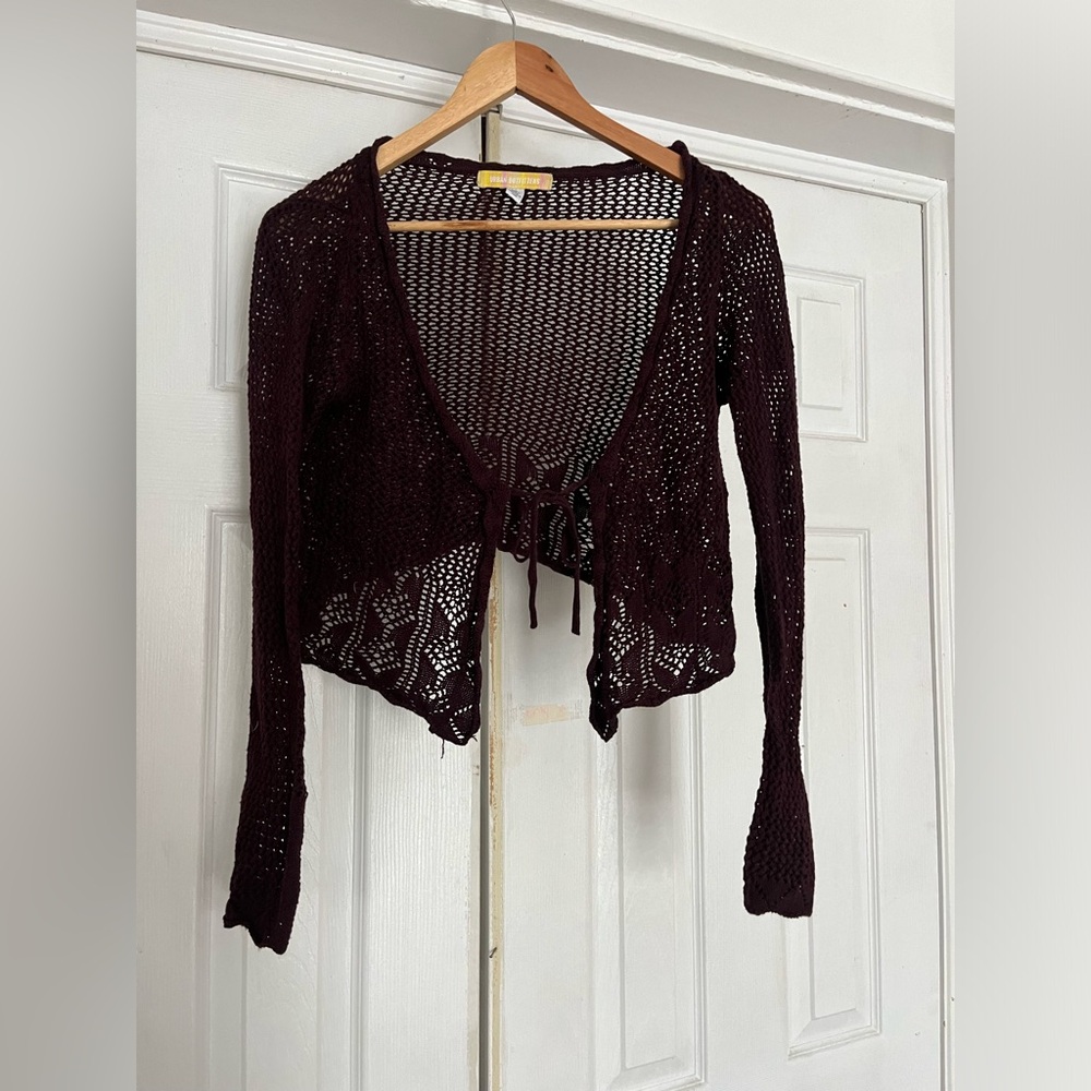 SOLD-Urban Outfitters Open Knit Tie-Front Cardigan in Deep Plum